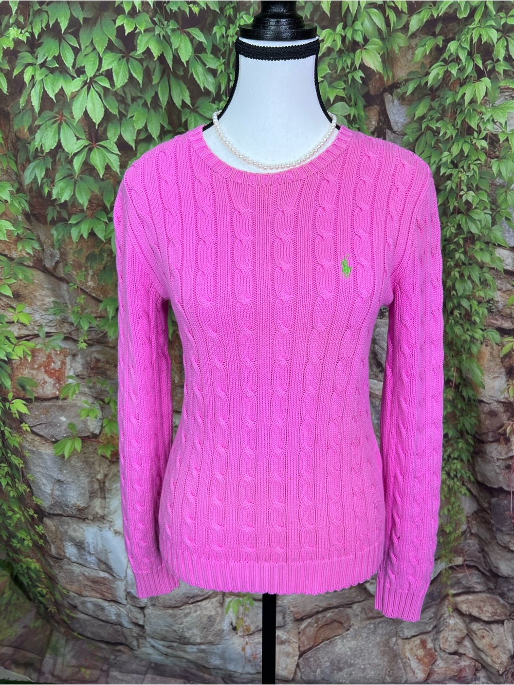 VINTAGE RALPH LAUREN Luxury Pink Cabled Preppy Polo Logo Crewneck Sweater, M - Picture 3 of 11